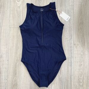 Quince Italian Zip Front One-Piece Swimsuit Deep Navy Swim Bathing Suit Large L